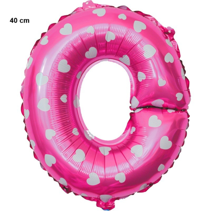 Balon Folie Metalizata Litera O, , 40 cm, Cu Imprimeu Inimioare, Umflati cu Heliu sau Aer, Ambalaj Individual, Pai inclus, Roz [2]