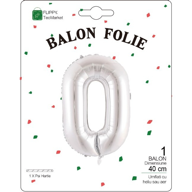 Balon Folie Metalizata Litera O, , 40 cm, Umflati cu Heliu sau Aer, Ambalaj Individual, Pai inclus, Argintiu [2]