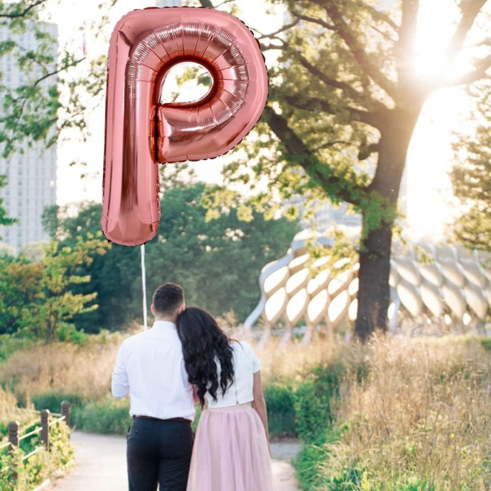 Balon Folie Metalizata Litera P, , 80 cm, Umflati cu Heliu sau Aer, Ambalaj Individual, Pai inclus, Rose Gold [3]