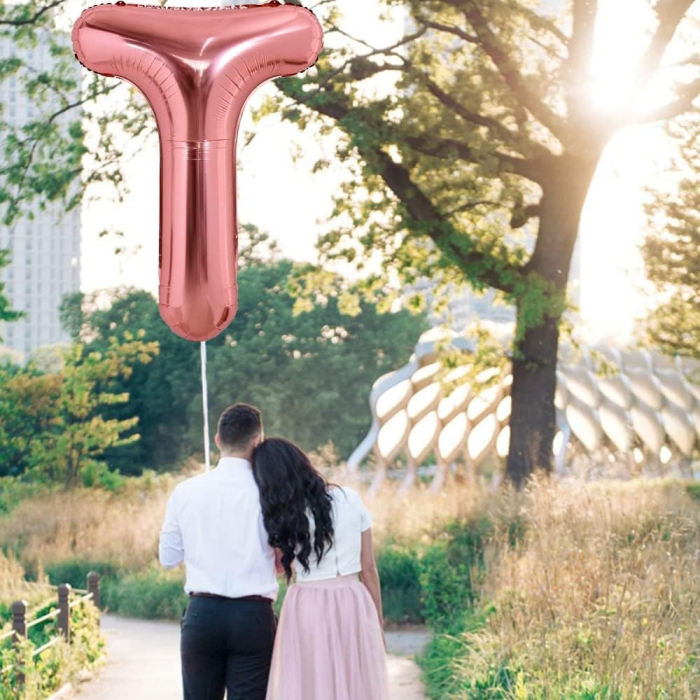 Balon Folie Metalizata Litera T, , 100 cm, Umflati cu Heliu sau Aer, Ambalaj Individual, Pai inclus, Rose Gold [7]