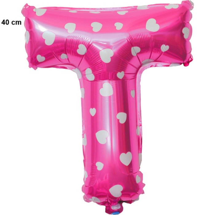 Balon Folie Metalizata Litera T, , 40 cm, Cu Imprimeu Inimioare, Umflati cu Heliu sau Aer, Ambalaj Individual, Pai inclus, Roz [2]