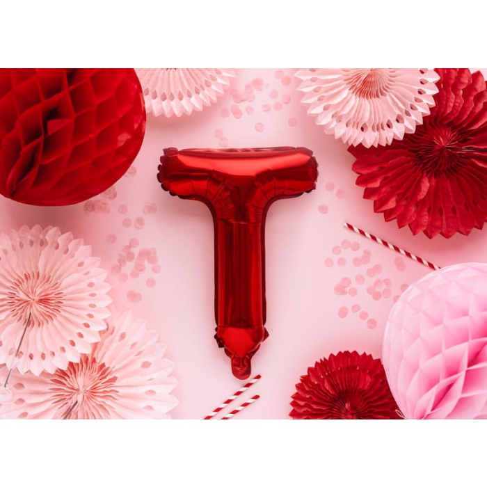 Balon Folie Metalizata Litera T, , 40 cm, Umflati cu Heliu sau Aer, Ambalaj Individual, Pai inclus, Rosu [2]