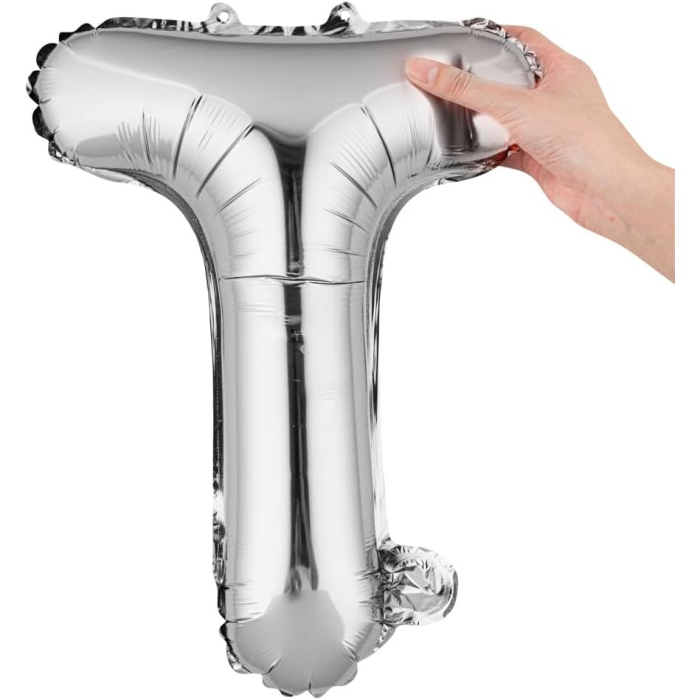 Balon Folie Metalizata Litera T, , 80 cm, Umflati cu Heliu sau Aer, Ambalaj Individual, Pai inclus, Argintiu [6]