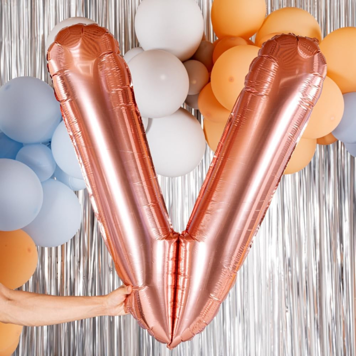 Balon Folie Metalizata Litera V, , 100 cm, Umflati cu Heliu sau Aer, Ambalaj Individual, Pai inclus, Rose Gold [5]