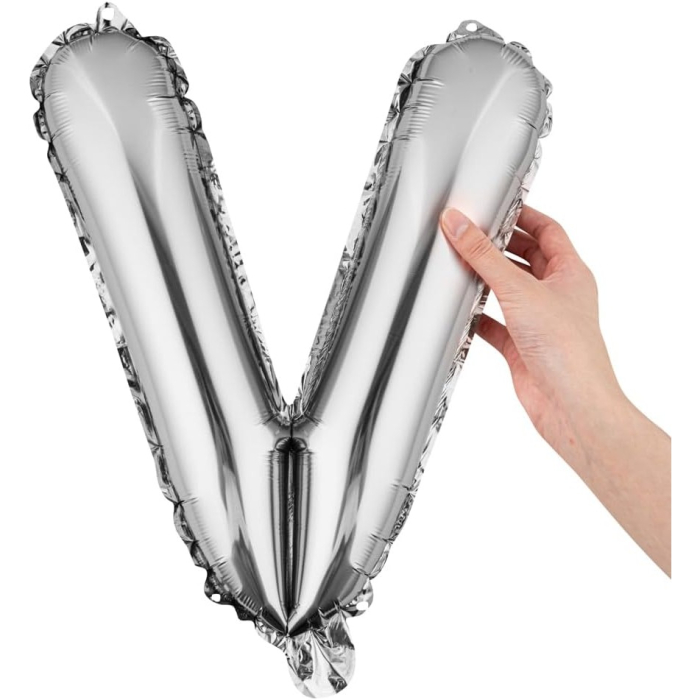Balon Folie Metalizata Litera V, , 80 cm, Umflati cu Heliu sau Aer, Ambalaj Individual, Pai inclus, Argintiu [6]