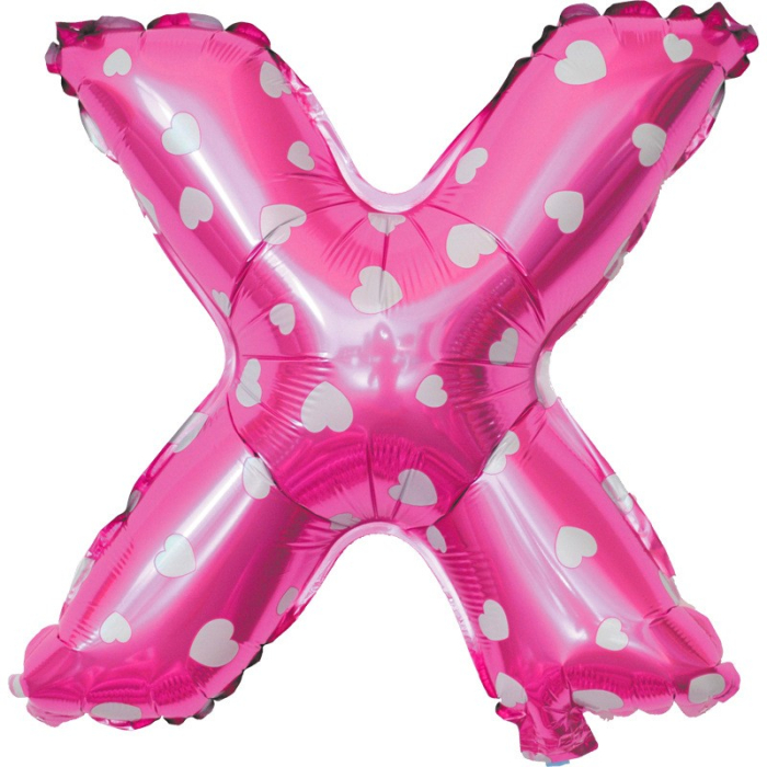 Balon Folie Metalizata Litera X, , 40 cm, Cu Imprimeu Inimioare, Umflati cu Heliu sau Aer, Ambalaj Individual, Pai inclus, Roz [3]