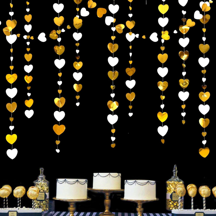 Banner cu Inimioare, , Tip Franjuri, 4 m, Rola de Ata Inclusa, Auriu/Alb [3]