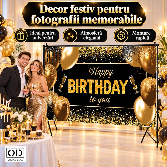 Banner fundal foto aniversare Happy Birthday to You, panza poliester 185 x 110 cm, negru auriu, ORIGINAL DEALS [2]