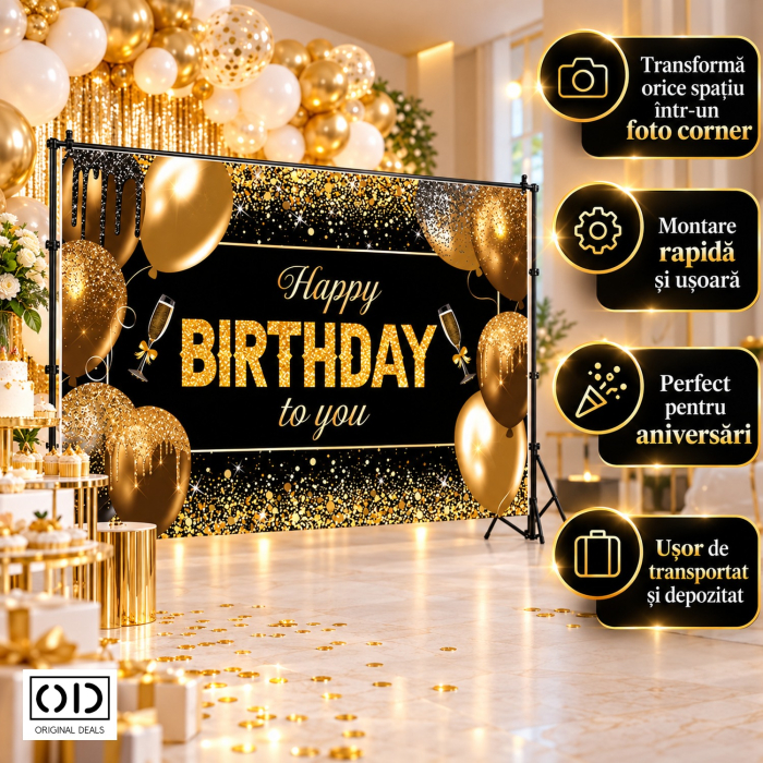 Banner fundal foto aniversare Happy Birthday to You, panza poliester 185 x 110 cm, negru auriu, ORIGINAL DEALS [6]