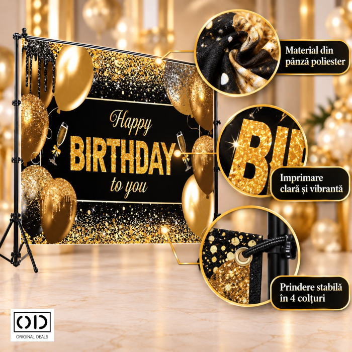 Banner fundal foto aniversare Happy Birthday to You, panza poliester 185 x 110 cm, negru auriu, ORIGINAL DEALS [4]