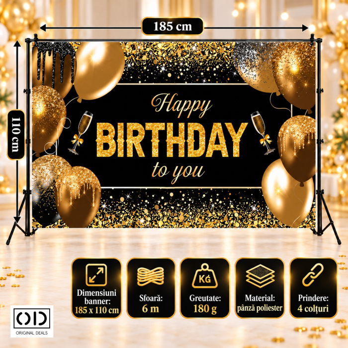 Banner fundal foto aniversare Happy Birthday to You, panza poliester 185 x 110 cm, negru auriu, ORIGINAL DEALS [5]