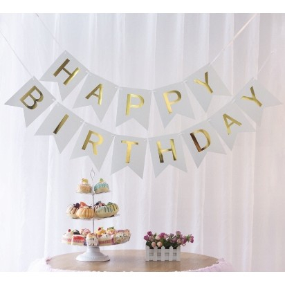 Banner Happy Birthday 100x200 cm, , Dimensiune Stegulet 11.5x16.5 cm, Rola de Ata Inclusa, Alb [2]