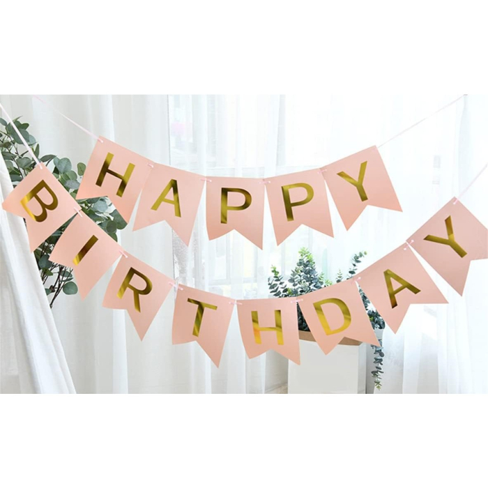 Banner Happy Birthday 100x200 cm, , Dimensiune Stegulet 11.5x16.5 cm, Rola de Ata Inclusa, Roz [6]
