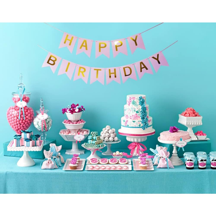 Banner Happy Birthday 100x200 cm, , Dimensiune Stegulet 11.5x16.5 cm, Rola de Ata Inclusa, Roz [8]