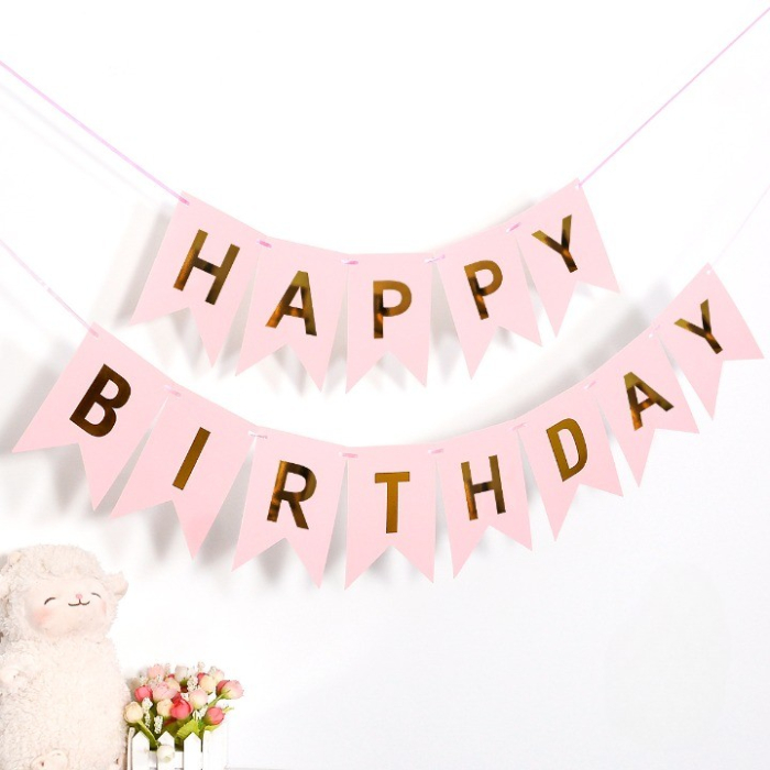 Banner Happy Birthday 100x200 cm, , Dimensiune Stegulet 11.5x16.5 cm, Rola de Ata Inclusa, Roz [2]