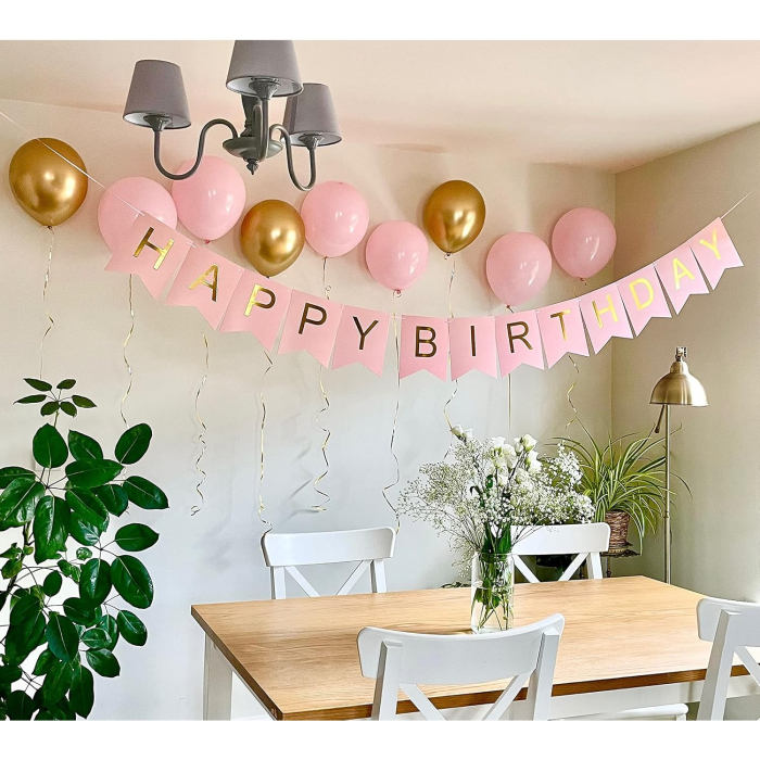 Banner Happy Birthday 100x200 cm, , Dimensiune Stegulet 11.5x16.5 cm, Rola de Ata Inclusa, Roz [4]