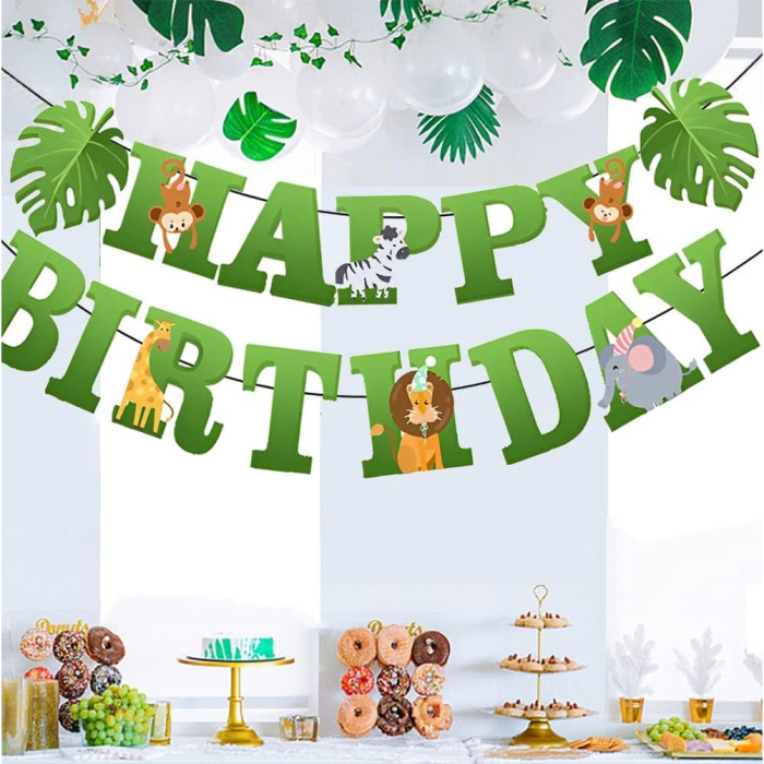 Banner Happy Birthday 100x200 cm, , Rola de Ata Inclusa, Tematica Jungle, Verde [3]