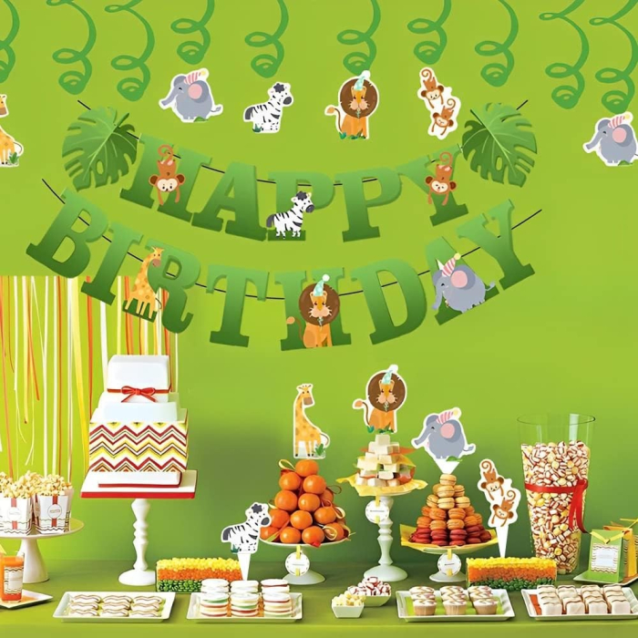 Banner Happy Birthday 100x200 cm, , Rola de Ata Inclusa, Tematica Jungle, Verde [5]