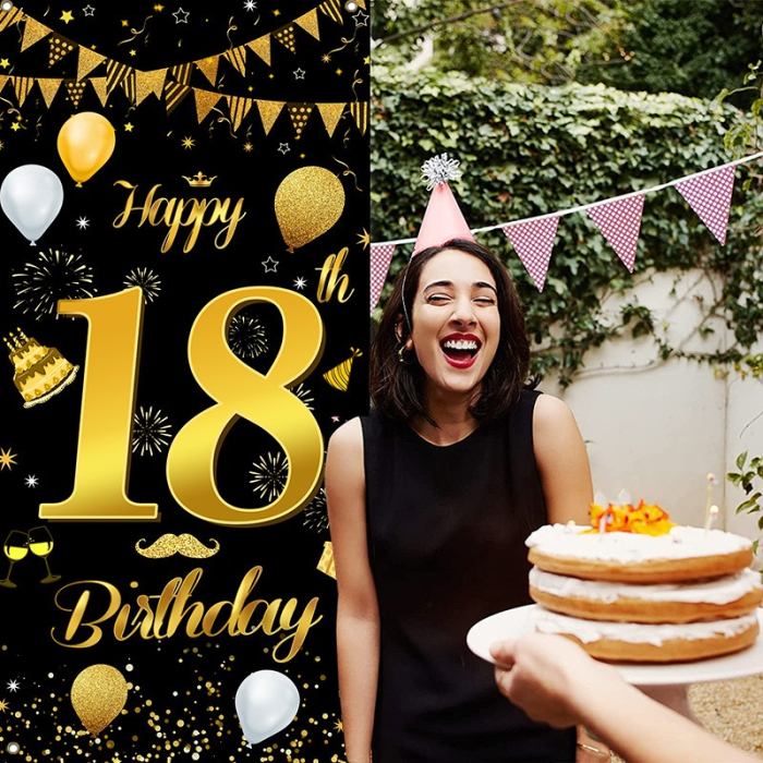 Banner pentru Petrecere, , Model Happy Birthday, Tematica Majorat, Aniversare 18 Ani, 185x90 cm, Negru [4]