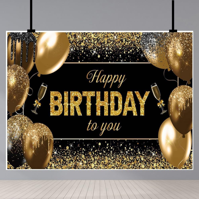 Banner Tip Fundal pentru Poze, , din Panza, 185 x 110 cm, Sfoara 6 m, Prindere in 4 Colturi, Happy Birthday to You, Negru/Auriu [4]