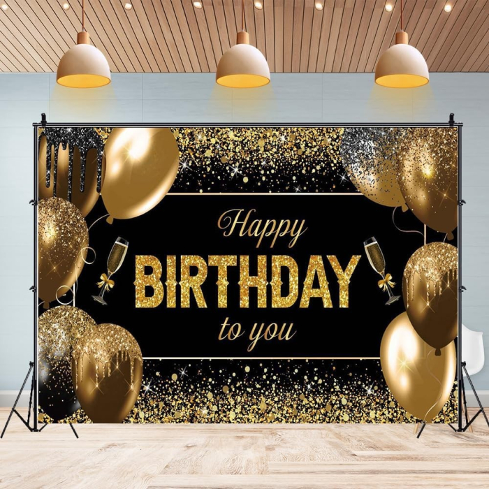 Banner Tip Fundal pentru Poze, , din Panza, 185 x 110 cm, Sfoara 6 m, Prindere in 4 Colturi, Happy Birthday to You, Negru/Auriu [3]