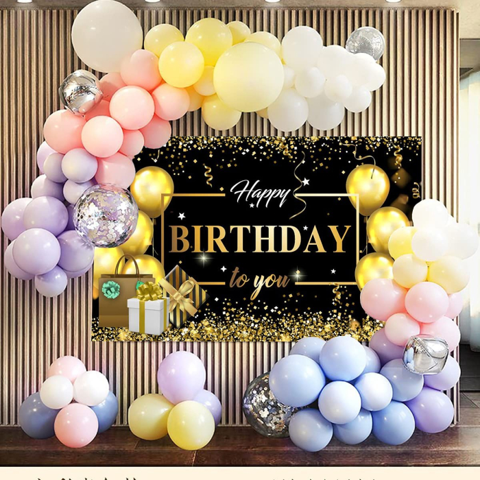 Banner Tip Fundal pentru Poze, , din Panza, Model Happy Birthday to You, 185 x 110 cm, Sfoara 6 m, Prindere in 4 Colturi, Negru/Auriu [2]