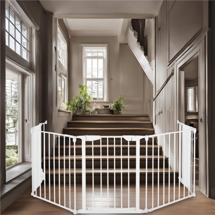 Bariera de protectie pentru copii, 318x75 cm, alba – 5 panouri, poarta cu blocare, montaj pe perete [4]