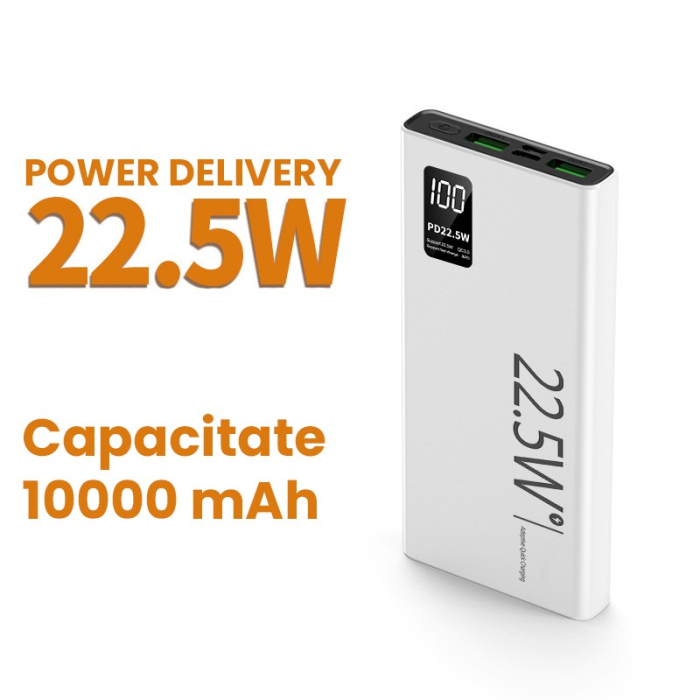 Baterie Externa Powerbank, , Ultra-Subtire cu Ecran Digital, Compatibilitate Universala, TYPE-C si USB x2, 10000 mAh, Power Delivery 22.5W, 144x66x16 mm, Alb [3]