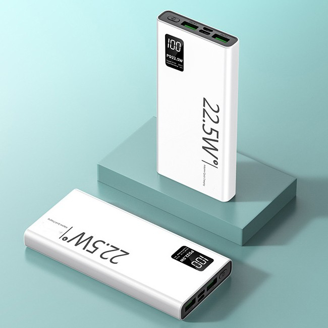 Baterie Externa Powerbank, , Ultra-Subtire cu Ecran Digital, Compatibilitate Universala, TYPE-C si USB x2, 10000 mAh, Power Delivery 22.5W, 144x66x16 mm, Alb [2]