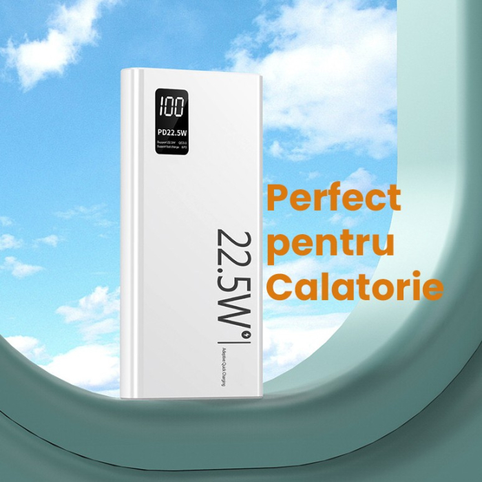 Baterie Externa Powerbank, , Ultra-Subtire cu Ecran Digital, Compatibilitate Universala, TYPE-C si USB x2, 10000 mAh, Power Delivery 22.5W, 144x66x16 mm, Alb [4]