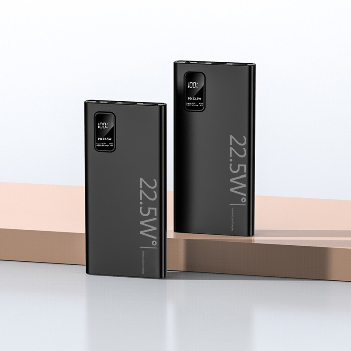 Baterie Externa Powerbank, , Ultra-Subtire cu Ecran Digital, Compatibilitate Universala, TYPE-C si USB x2, 10000 mAh, Power Delivery 22.5W, 144x66x16 mm, Negru [6]
