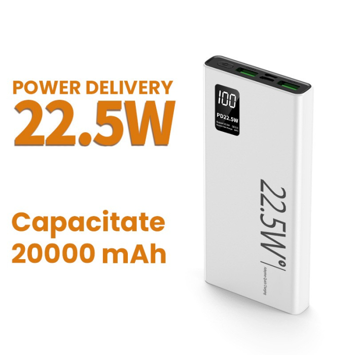 Baterie Externa Powerbank, , Ultra-Subtire cu Ecran Digital, Compatibilitate Universala, TYPE-C si USB x2, 20000 mAh, Power Delivery 22.5W, 144x66x26 mm, Alb [3]