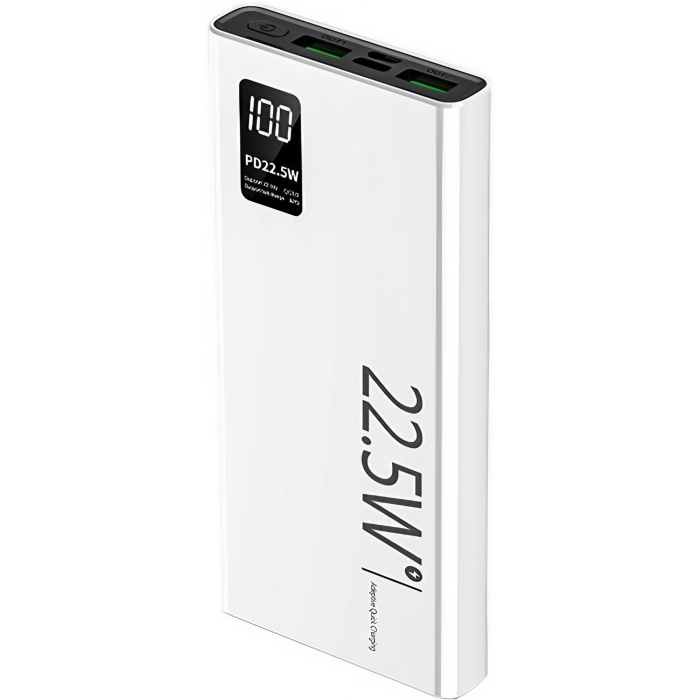 Baterie Externa Powerbank, , Ultra-Subtire cu Ecran Digital, Compatibilitate Universala, TYPE-C si USB x2, 20000 mAh, Power Delivery 22.5W, 144x66x26 mm, Alb [1]