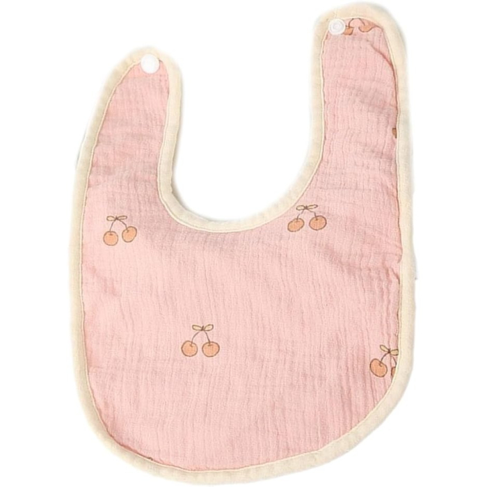 Baveta in Forma de U, , din Bumbac, pentru Copii 0-12 Luni, Rezistenta la Apa, cu Capse, Model cu Cirese, 21x30 cm, Roz [2]
