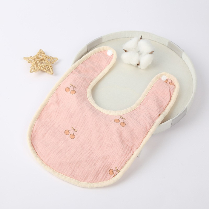 Baveta in Forma de U, , din Bumbac, pentru Copii 0-12 Luni, Rezistenta la Apa, cu Capse, Model cu Cirese, 21x30 cm, Roz [3]