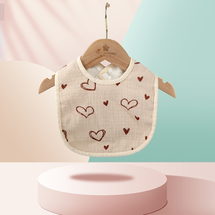 Baveta in Forma de U, , din Bumbac, pentru Copii 0-12 Luni, Rezistenta la Apa, cu Capse, Model cu Inimoare, 21x30 cm, Bej [2]