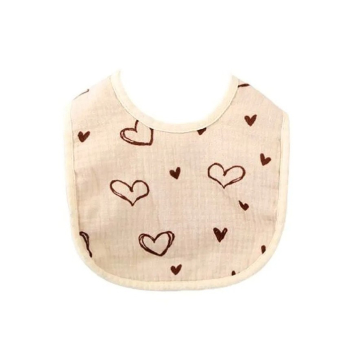 Baveta in Forma de U, , din Bumbac, pentru Copii 0-12 Luni, Rezistenta la Apa, cu Capse, Model cu Inimoare, 21x30 cm, Bej [5]