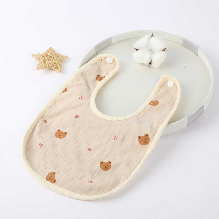 Baveta in Forma de U, , din Bumbac, pentru Copii 0-12 Luni, Rezistenta la Apa, cu Capse, Model cu Ursuleti, 21x30 cm, Bej [2]