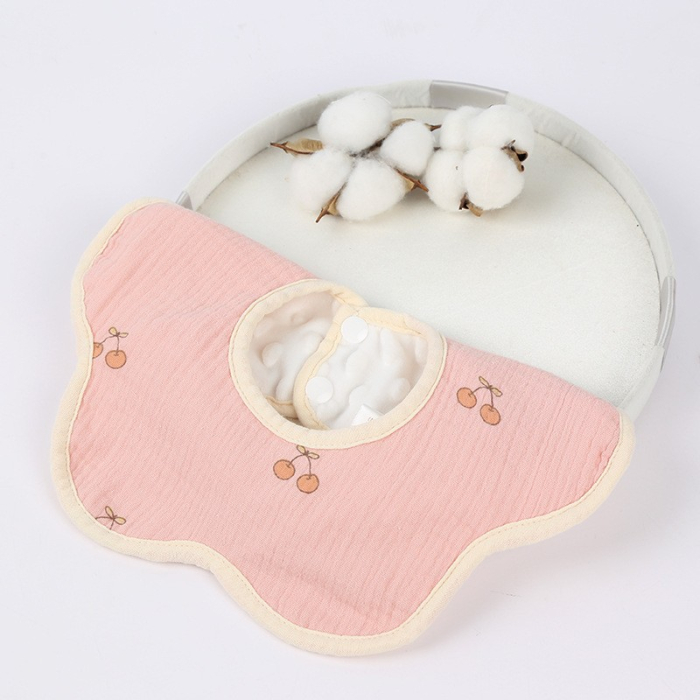Baveta Tip Floare, , din Bumbac, pentru Copii 0-12 Luni, Rezistenta la apa, cu Capse, Model cu Cirese, 26 x 29 cm, Roz [5]