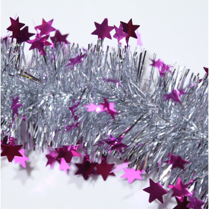 Beteala de Craciun cu LED, , 2 m, 5 cm Grosime, din PVC, Model cu Stelute, Artificiala, Mov/Argintiu [3]