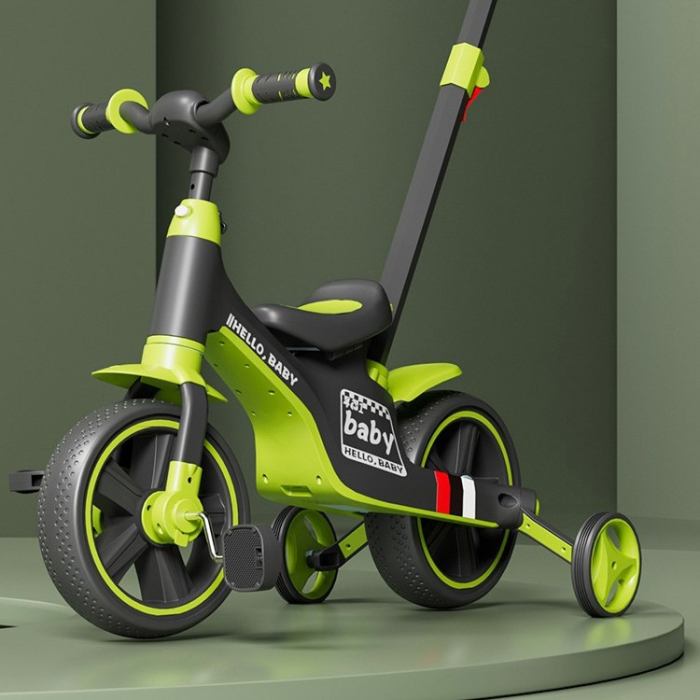 Bicicleta Multifunctionala pentru Copii, , 3 in 1 Bicicleta Troller Tricicleta, 2-6 ani, cu Roti Auxiliare, Ghidon si Scaun Reglabil, 93 x 78 x 43 cm, Negru Verde [2]