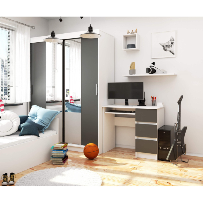 Birou computer cu 3 sertare si raft pentru tastatura, dreapta, 90x50x77 cm, alb si gri [5]