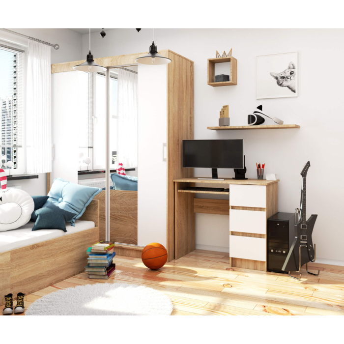 Birou computer cu 3 sertare si raft pentru tastatura, dreapta, 90x50x77 cm, stejar sonoma si alb [6]