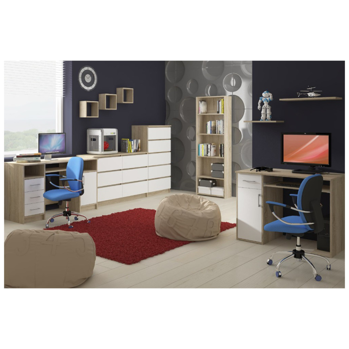 Birou computer cu 3 sertare si raft pentru tastatura, dreapta, 90x50x77 cm, stejar sonoma si alb [5]