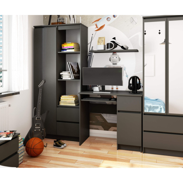 Birou computer PIKSEL, cu sertar, dulap si raft pentru tastatura, dreapta, 90x50x77 cm, stejar gri [4]