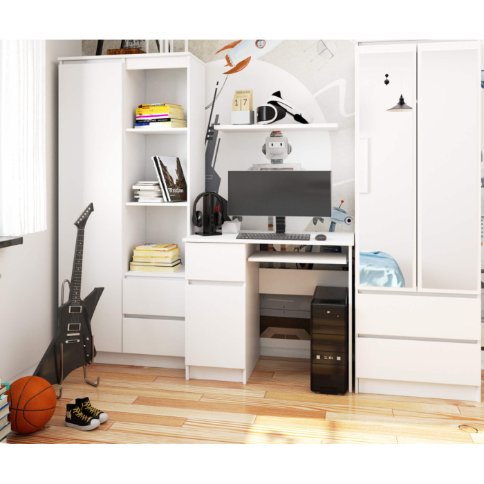Birou computer PIKSEL, cu sertar, dulap si raft pentru tastatura, stanga, 90x50x77 cm, alb [6]