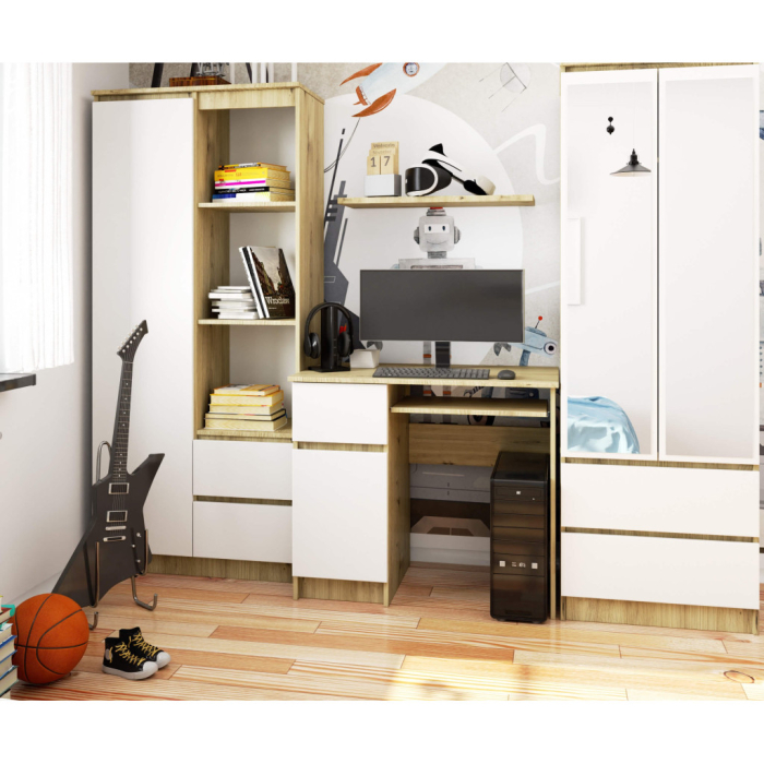 Birou computer PIKSEL, cu sertar, dulap si raft pentru tastatura, stanga, 90x50x77 cm, stejar artisan si alb [4]