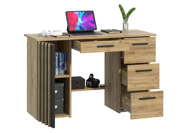 Birou Montana B120 cu 4 sertare si 1 usa, 120x45x76 cm, stejar craft si negru [3]