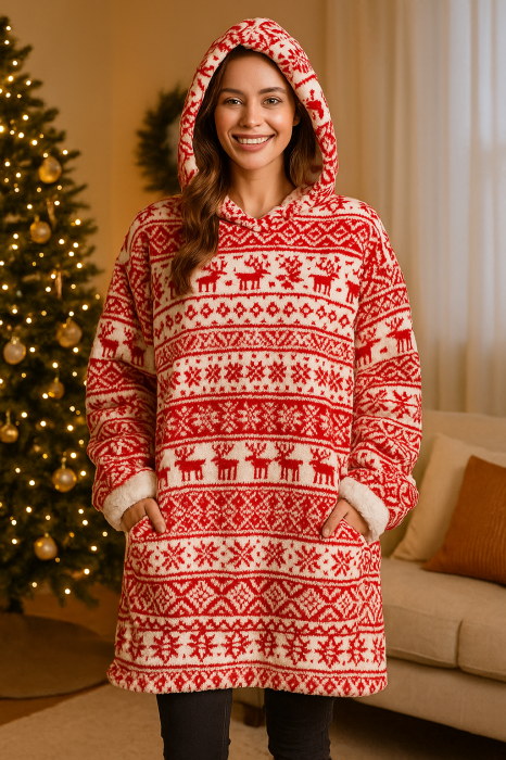 Bluza pentru adulti cu design scandinav de Craciun, oversize, 85x118 cm, rosu [5]