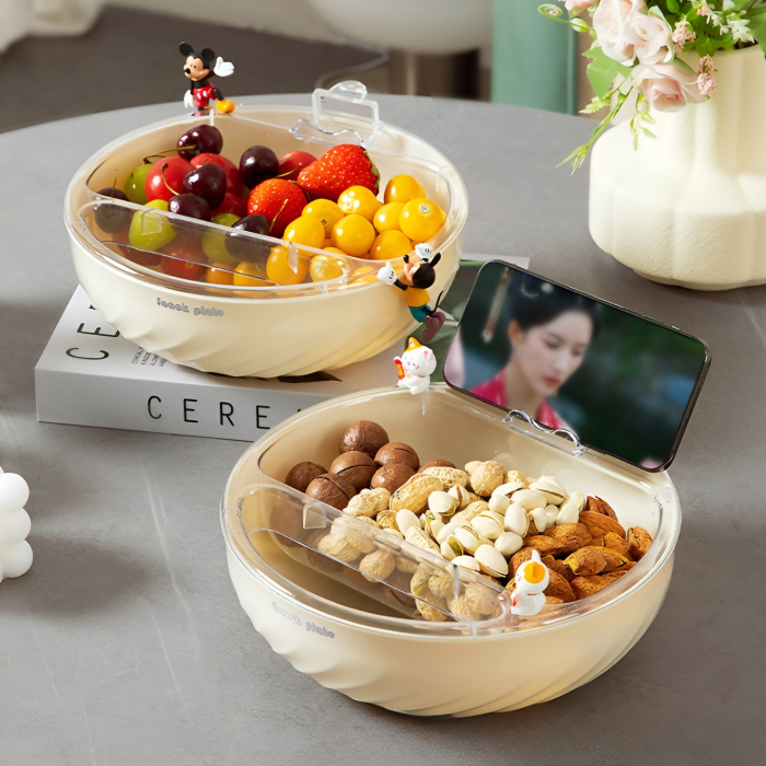 Bol cu Doua Straturi, , pentru Fructe, Legume, Snacks, cu Strat de Scurgere a Apei, Suport pentru Telefonul Mobil, 22.4x9 cm, Crem [8]